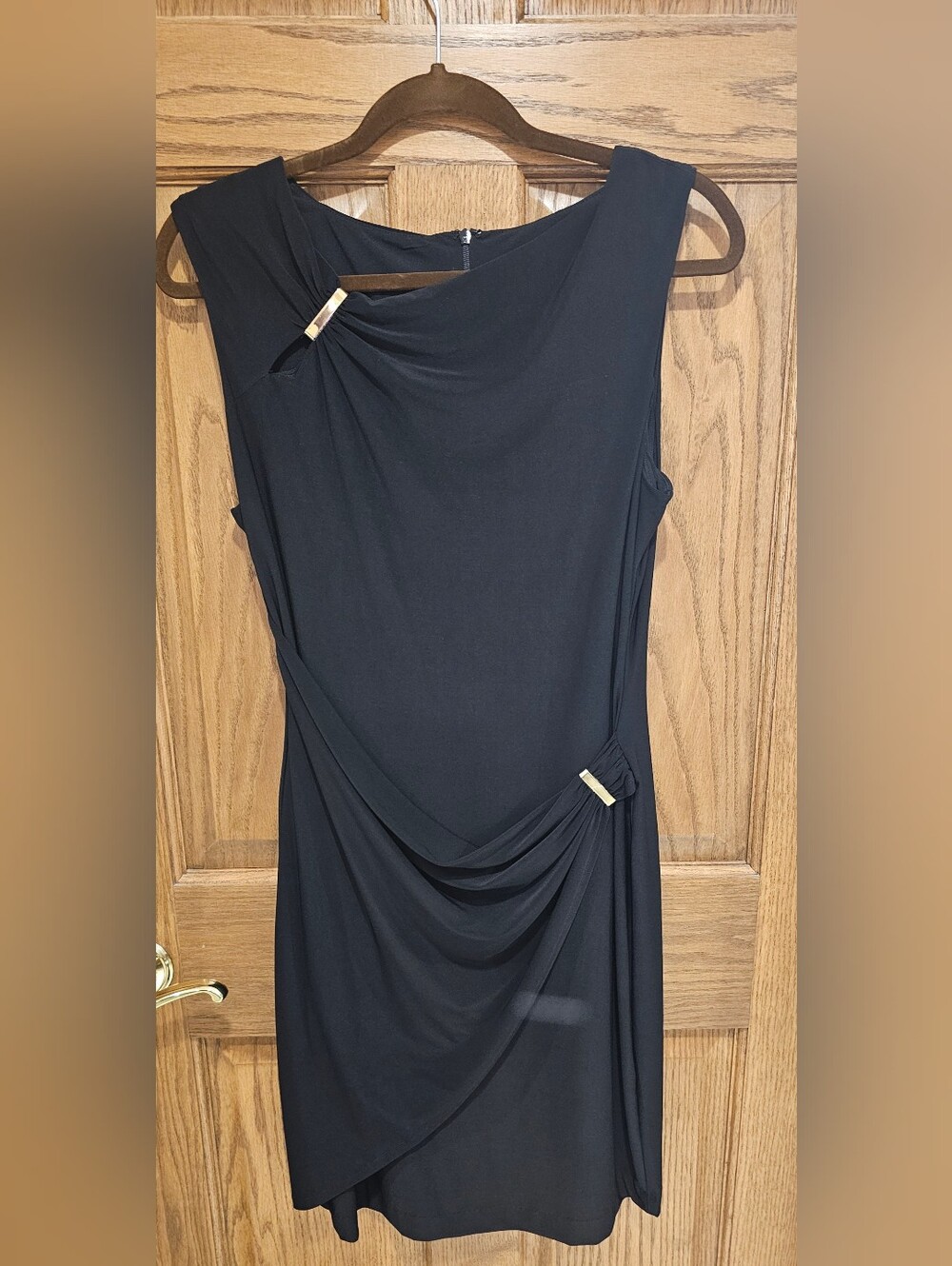 Cache Black Sleeveless Midi Dress with Gold Hardware
